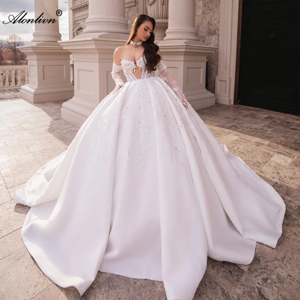 

Свадебные платья Alonlivn на заказ: бальное платье «Сладкая сердечка» с вышивкой бисером, кристаллами, аппликациями и съемным шлейфом, пышное свадебное платье