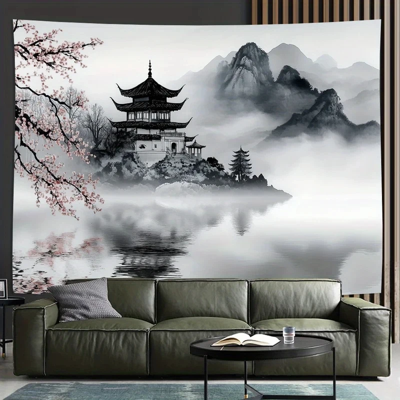 VIKAMA Zen Oriental Wall Hanging Black White Ink Mountain Tower Pink Plum Blossom Print Backdrop For Tea Room Bedroom Decor