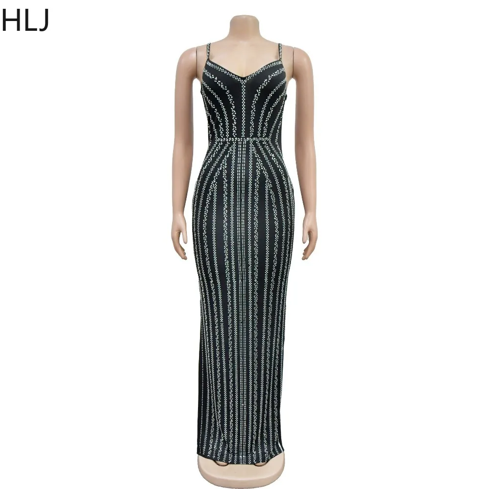 HLJ Mode Luxe Strass Bodycon Avondfeest Spaghetti Band Lange Jurken Vrouwen V-hals Mouwloos Backless Slanke Vestidos