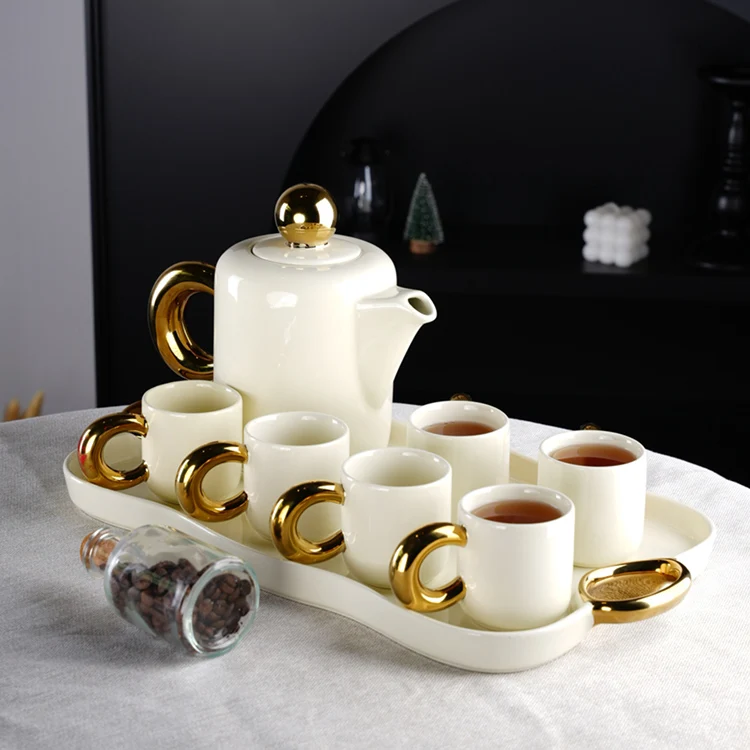 Modern Nordic New Design Luxury Gold and White Ceramic Set Cups Teapot and Tray Coffee and Tea Set