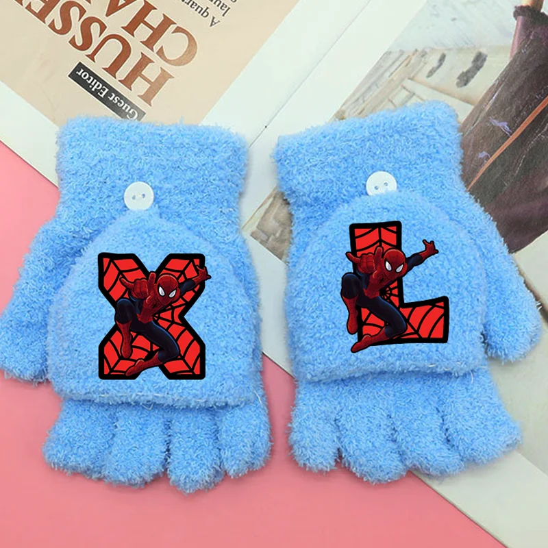 قفازات أنيمي أرقام الرجل العنكبوت 0-9 حرف A-Z بنين بنات نصف اصبع قفازات الوجه شتاء دافئ طالب القفازات هدايا عيد الميلاد