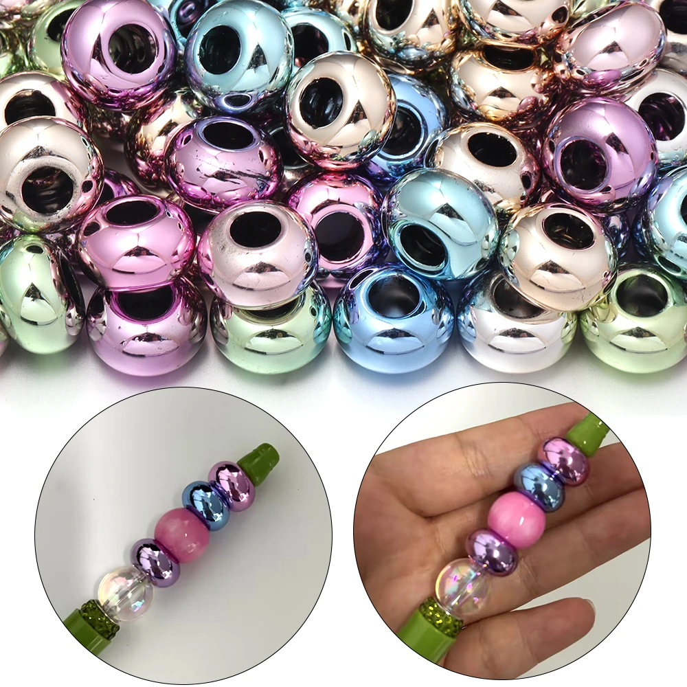 30 Stück/Set Metallfarbene Acrylperlen mit Großem Loch, Runde Lose Abstandsperlen für DIY-Schmuckherstellung, Armband- und Halskettenzubehör – Detail 2