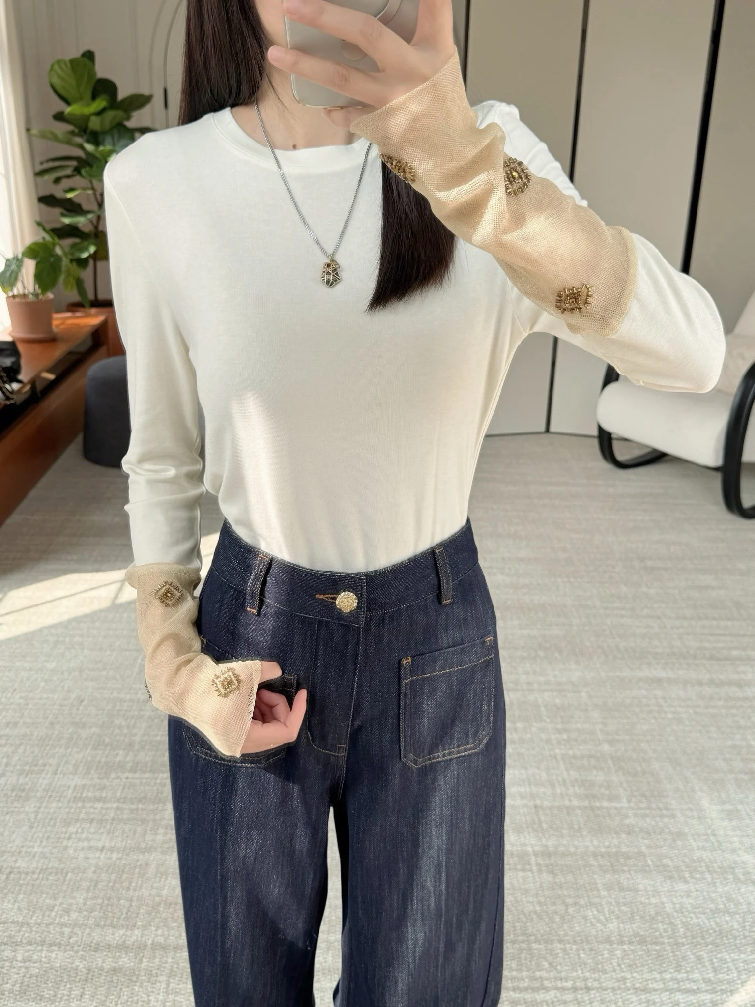 

Женская повседневная футболка с длинным рукавом, с тяжелой вышивкой пайетками, с вырезами и вставками, стандартный крой