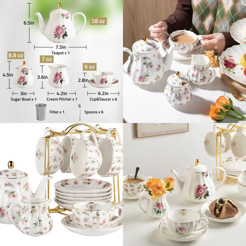 

British Royal Porcelain Tea Set, 8oz Cups & Saucer for 6, with Teapot, Sugar, Creamer, Teaspoons, Strainer, Ideal for High Tea,