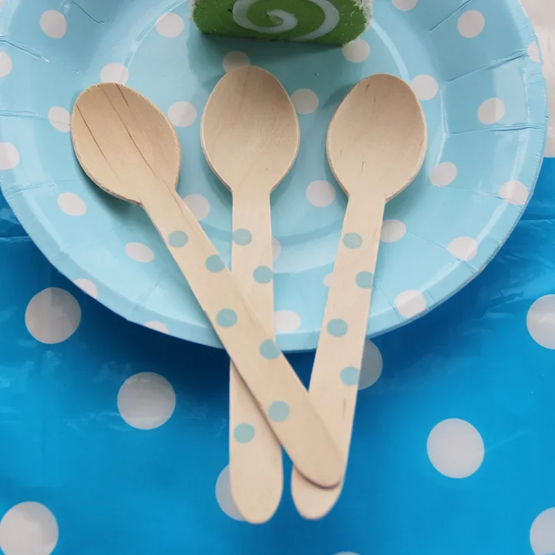 24Pcs Disposable Tableware Sets Dot Pink Blue Black Knives Forks Spoons Set Wood Baby Shower Baptism Birthday Party Supplies11CM