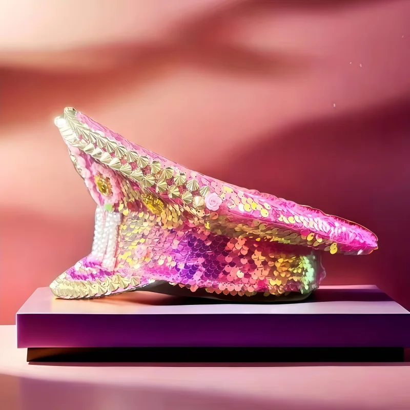 ホンルアン イエローレーザーレザーループキャプテンハット ラインストーン＆ミリタリーキャップ 女性用、レイブフェスティバルアクセサリー＆パーティーキャップ男性用