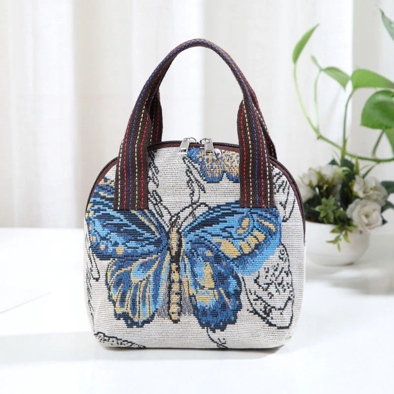 

Handbag Butterfly Embroidery Top Handle Small Phone Storage Purse Womens Woven With Zipper Canvas Bag