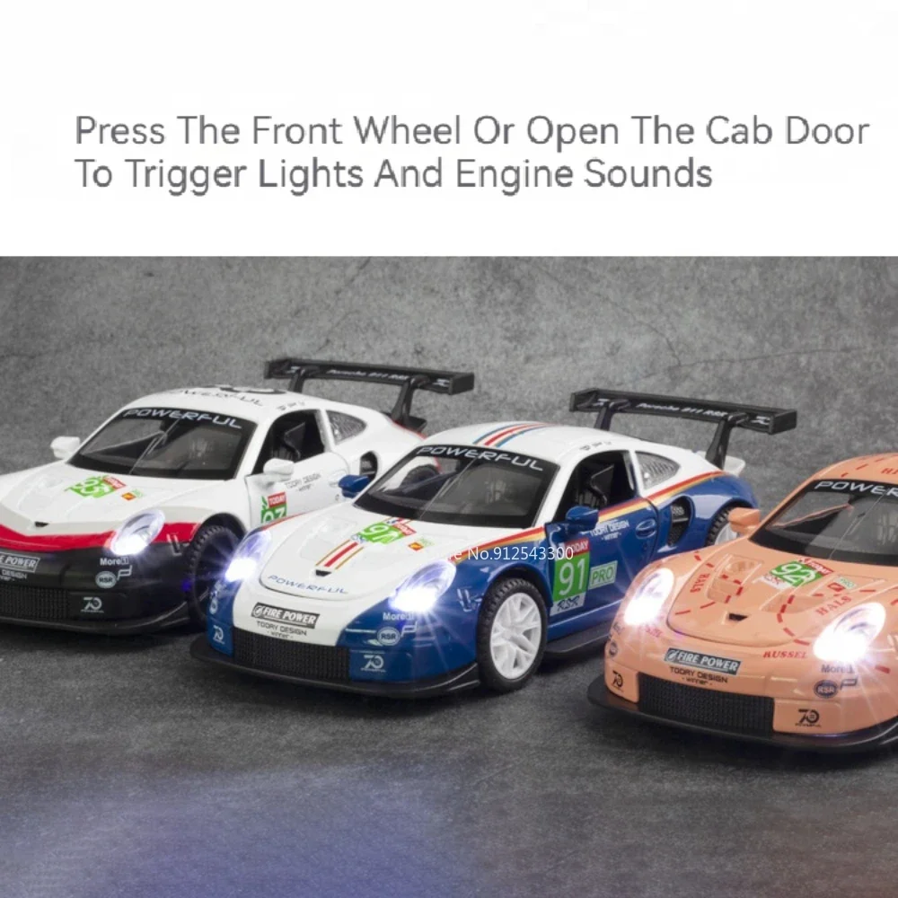 Modèle réduit de voiture Porsche 911 GT3 RSR pour enfant, échelle 1:32, jouet de simulation moulé sous pression, 4 portes ouvertes, nervure arrière, sourire, décoration, idée cadeau