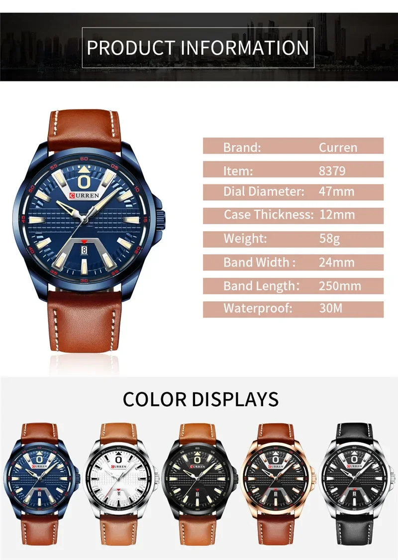 CURREN 8365 Men Watch Top Brand Luxury Black Silver Military Waterproof Male Clock Genuine Leather Quartz Man Wristwatch 8379