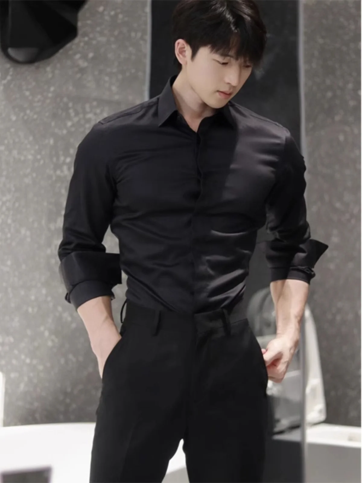 

Bla Slim Fit Long Sve irt Men's Briti Sle Youth Faion Inner Wear Hidden Button High End Feeling Suit Top