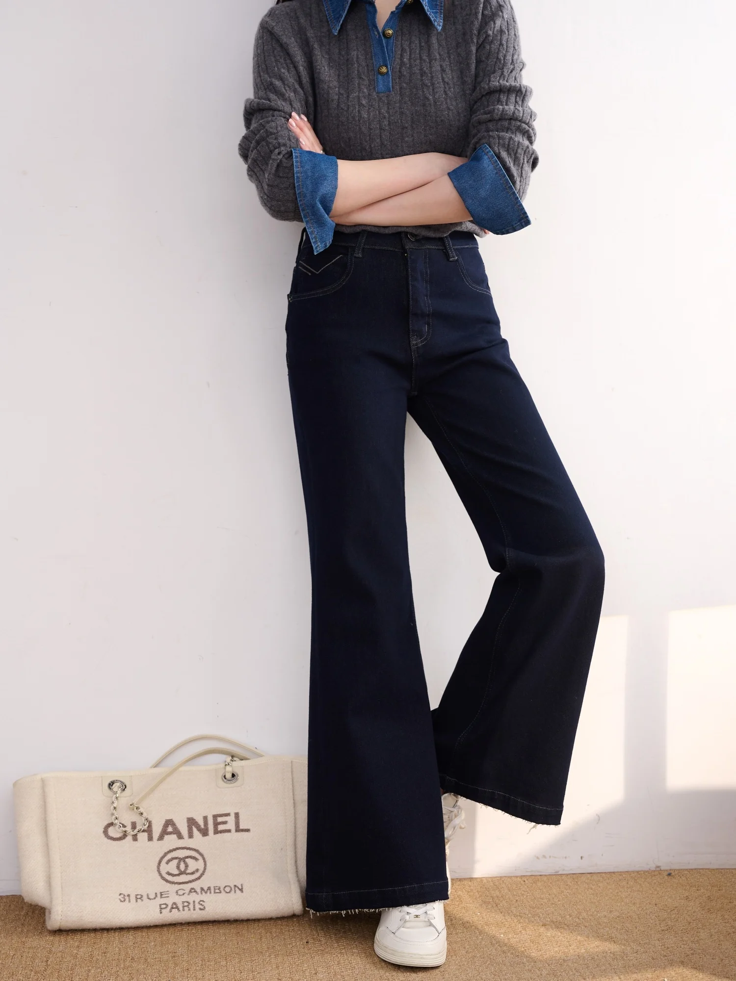 

JPOO Vintage Fce-Lined Bell Bot Cotton Jeans High Waist Straight Leg Pure Color Daily Wear Winter Ladies Jeans