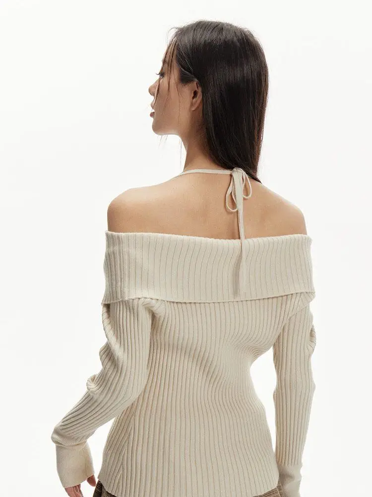 Autumn Slash Neck Off Shoulder Women Cardigans Y2k Aesthetic Slim Vintage Grunge Sweaters Trendy Bandage Halter Knitwear Female