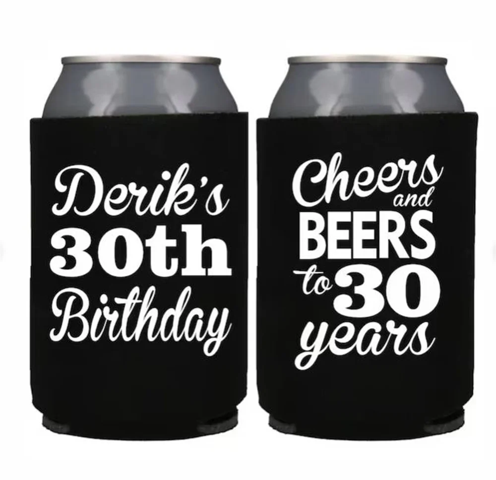 30th Birthday, Cheers and Beers to 30 years, 30th Birthday Party, Custom Can Cooler, 30th Birthday Favors, 30th Birthday Gift