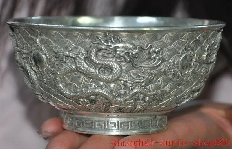 

4.6 inch mark Qianlong China Tibetan Silver Dragon Phoenix Bird Palace Teacup Bowl - Early Natural materials