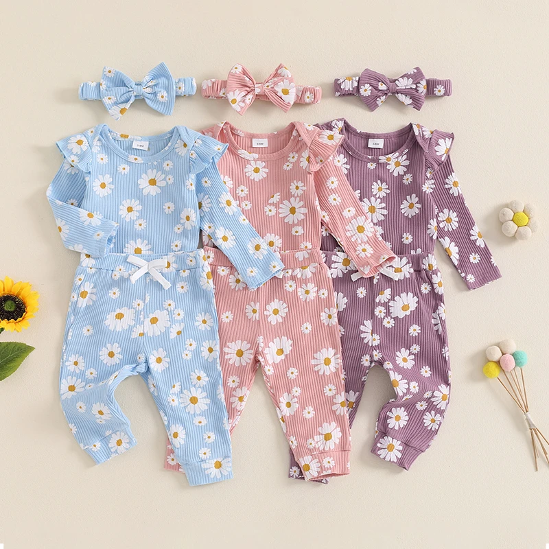 2024-06-13 Lioraitiin 0-18M Baby Girl Fall Outfit Daisy Print Long Sleeve Romper with Long Pants and Headband 3 Pcs Set