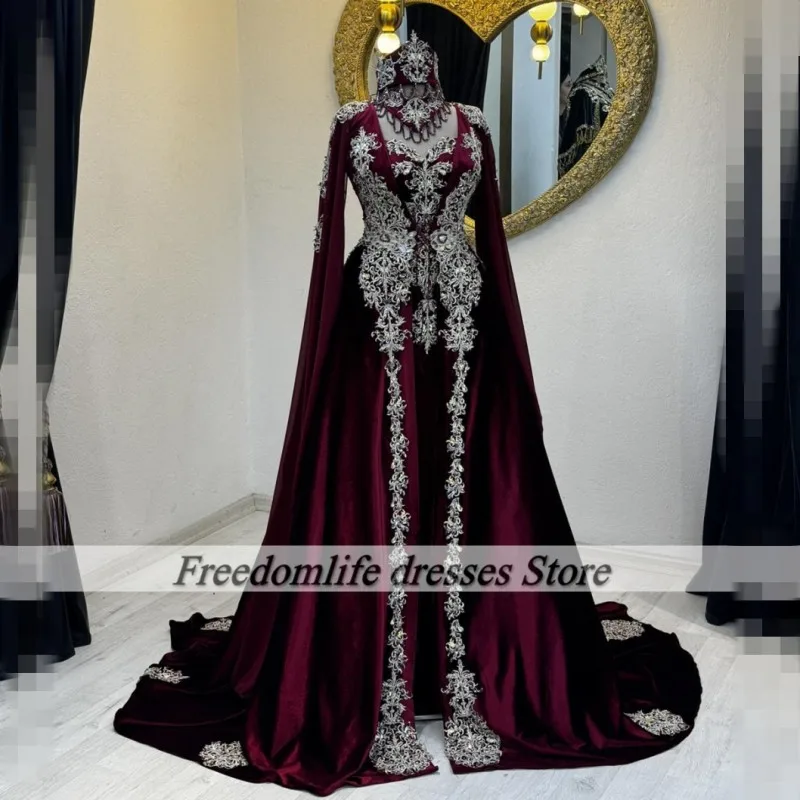 Customized Moroccan Caftan Evening Dresses Elegant Lace Applique Burgundy A Line Wedding Party Gowns Two Piece Formal Prom Dress