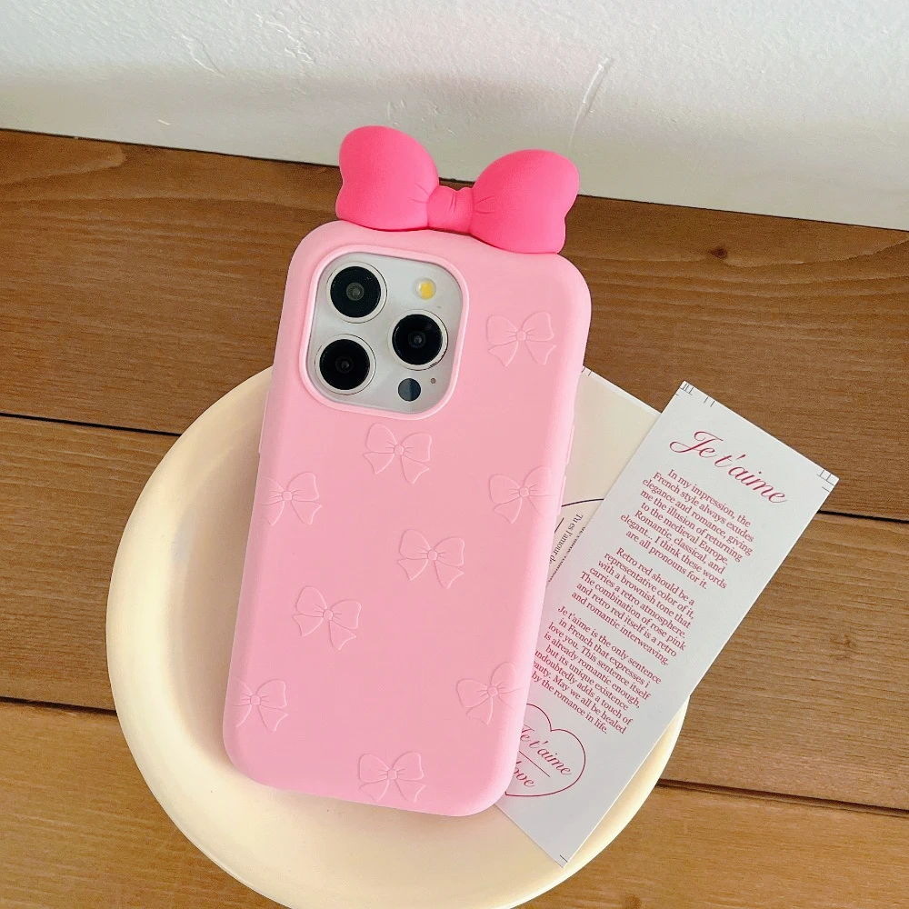 Einfarbige 3D-Schleife Silikon-Handyhülle für iPhone 18 17 Pro Max 16 15 Plus 14 Pro Weiche Niedliche Mädchenhafte Ästhetische Schutzhülle – Detail 4