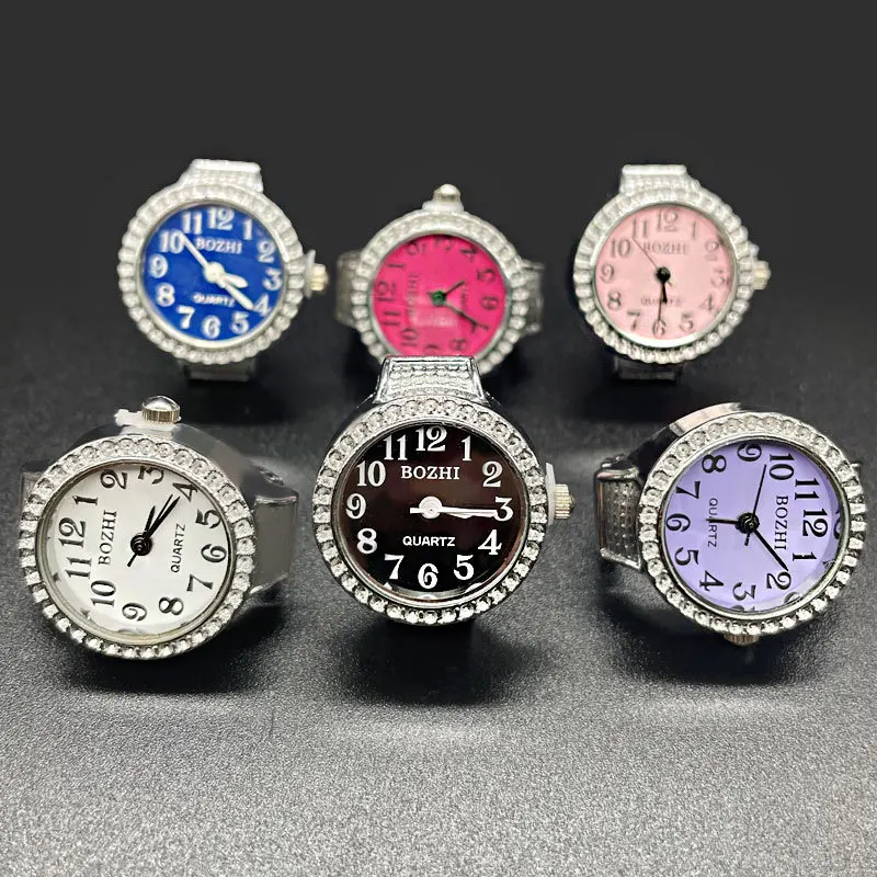 Kiss Jewelry Punk Rhinestone Time Quartz Watch Rings Women Men Elastic Stretchy Adjustable Digital Clock Finger Watch Ring Gift