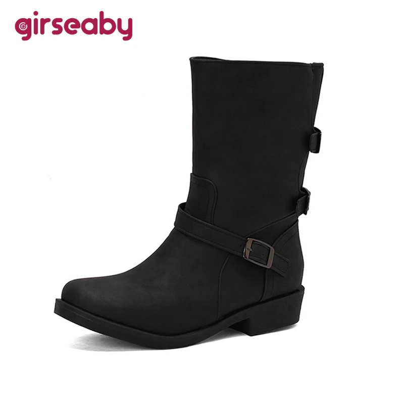 Girseaby Women Midcalf Boots 3cm Square Heel Round Toe Autumn Winter Black Khaki Yellow Big Size 44 45 46 47 48 US17 Casual