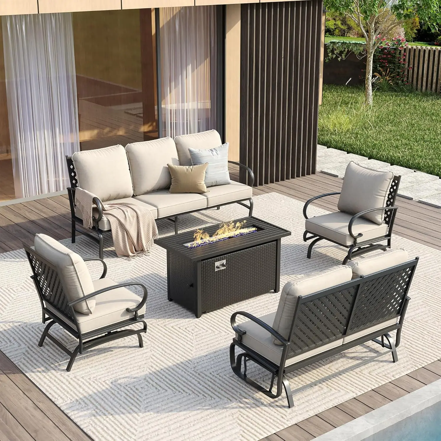 5 Piece Patio Furniture Set Metal Firepit Table Cushioned 3 Seat Sofa 2 Rocking Chairs Loveseat Garden Beige, Customized