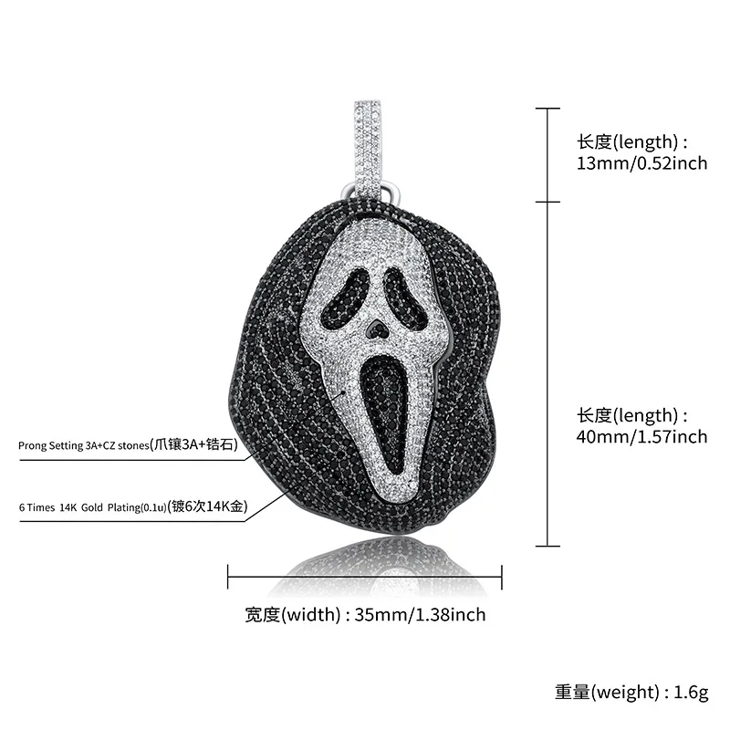 Hip Hop Claw Setting AAA+ CZ Stone Bling Iced Out Ghost Pendants Necklaces for Men Halloween Jewelry Gift