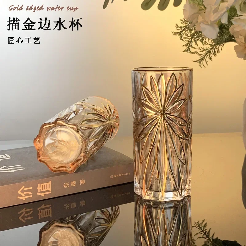 Gold-painted light luxury thickened glass juice bad striped beer cup milk tea whisky cup