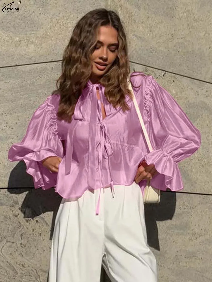 Oymimi Fashion Beige Loose Women's Blouse Autumn Bow Neck Lace-Up Long Sleeve Blouses Casual Ruffled Solid Blouses Streetwear