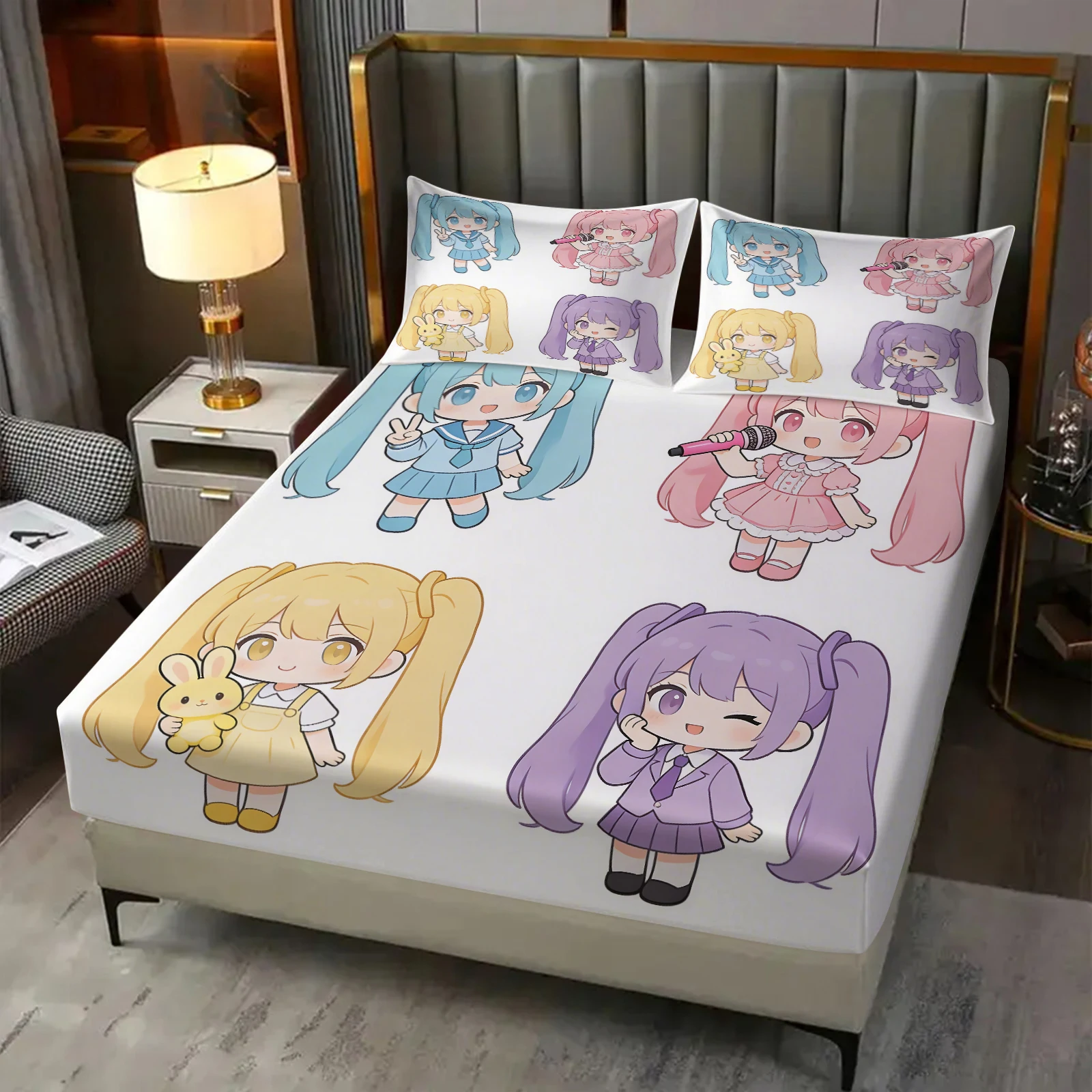 3-teiliges Hatsune Miku Chibi-Style Spannbettlaken-Set, Niedliche Anime-Bettwäsche mit Kissenbezügen, Tiefe Taschen, Teenager-Zimmer-Deko, Geschenk für Fans – Detail 9