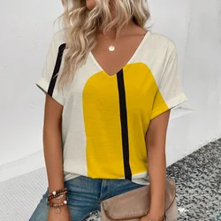 Women's V-neck T-shirt Geometric Lines Pattern Print T-shirt Fashion Women's Short Sleeved T-shirt 2024 Summer Leisure T-shirt