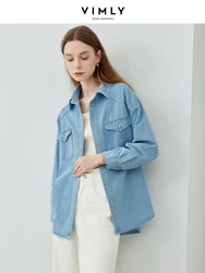 Vimly Women Blue Denim Shirt 2024 Spring New Casual Loose Retro Lapel Button Down Drop Long Sleeve Tops Denim Jacket Coat 72687