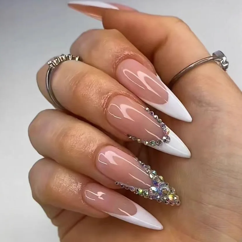 

24PCS Spice Girls False Nails Simple White French with Glitter Diamonds Long Stiletto Press on Nails Acrylic Wearable Fake Nails