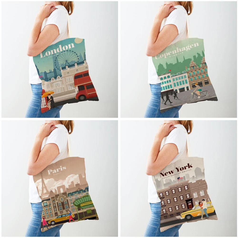 Bolso de mano de lona con estampado doble para mujer, bolsa de compras informal, con mapa de la ciudad de Londres, Nueva York, París, España