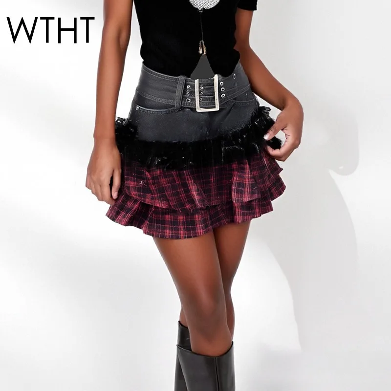 

WTHT Trendy Women's Spliced Feather Plaid Edge Denim Skirts 2025 Summer Fashion High Waist A-line Mini Skirt Female 1LS2412