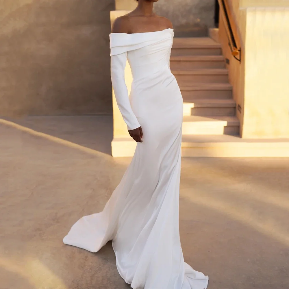 

Sexy Mermaid Wedding Dress 2026 Off the Shoulder Long Sleeve Pleat Soft Satin Train Bridal Bride Gowns Vestidos De Noiva