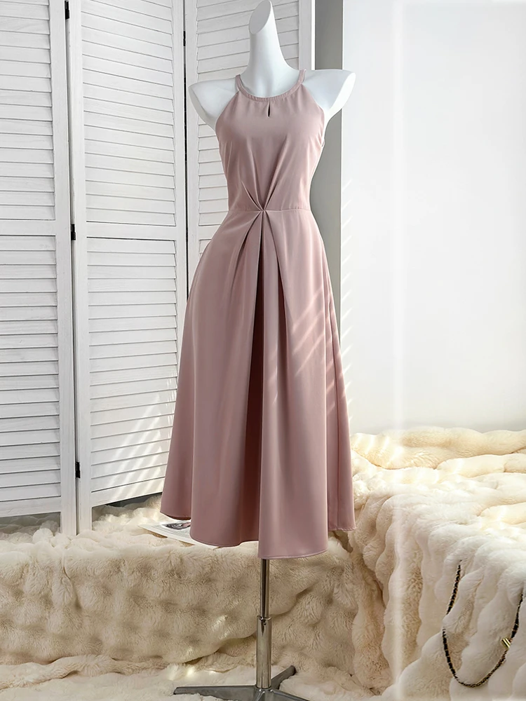 Pink Halter Dress French Gentle Hepburn Style Sexy Off-shoulder High Waist Pleated Slim Fit A-Line Long Evening Dress Women 2024