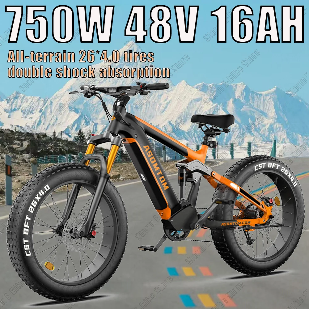 All-terrain E- Bicycle26-inch Fat Tire Mountain Electric Bicycle 750W Motor48V16AH Lithium Battery 45KM/snow Off-Road E- Bicycle