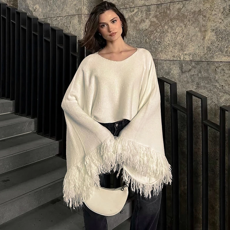 

Tornova Tassel Big Furry Sleeve Knitted Sweater Women's Streetwear Fashion Short Loose Sweater Top Solid Autumn Winter New Lady
