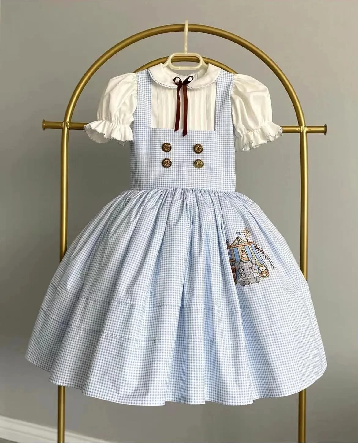 0-12Y Baby Girl Summer Blue Plaid Dumbo Embroidery Turkish Vintage Princess Dress Boy Suit for Birthday Easter Photography Eid