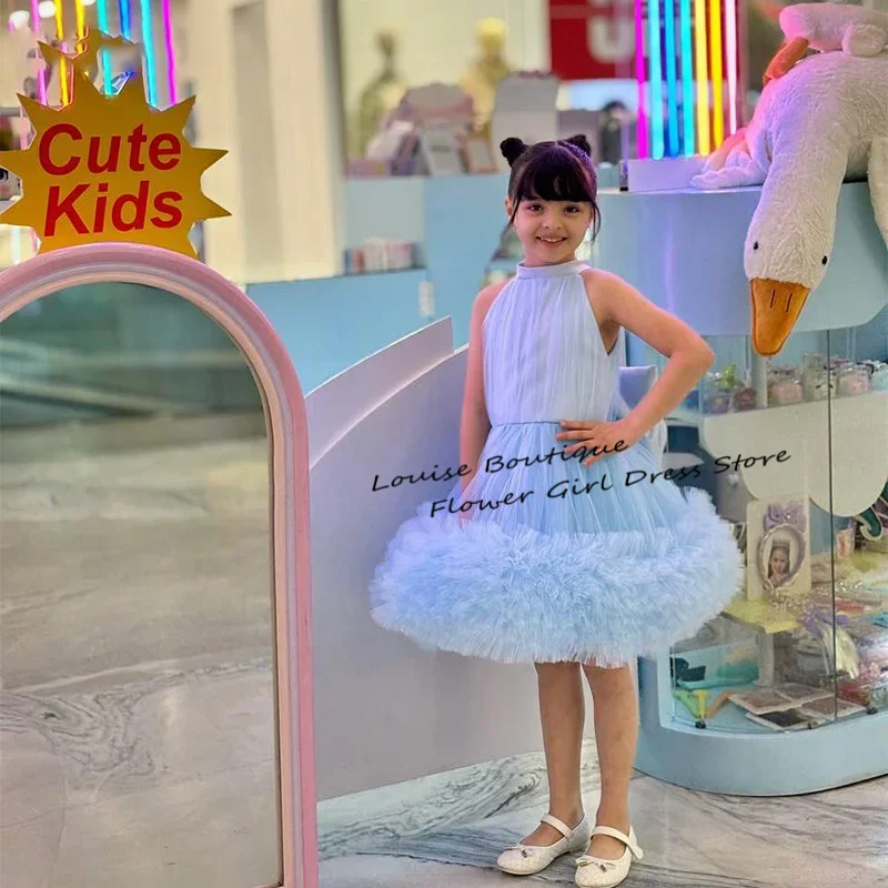 Gaun Anak Perempuan Bunga Biru Bayi Gaun Pesta Pernikahan Tanpa Lengan Wiru Tulle untuk Anak Perempuan Gaun Prom Busur Disesuaikan 2025