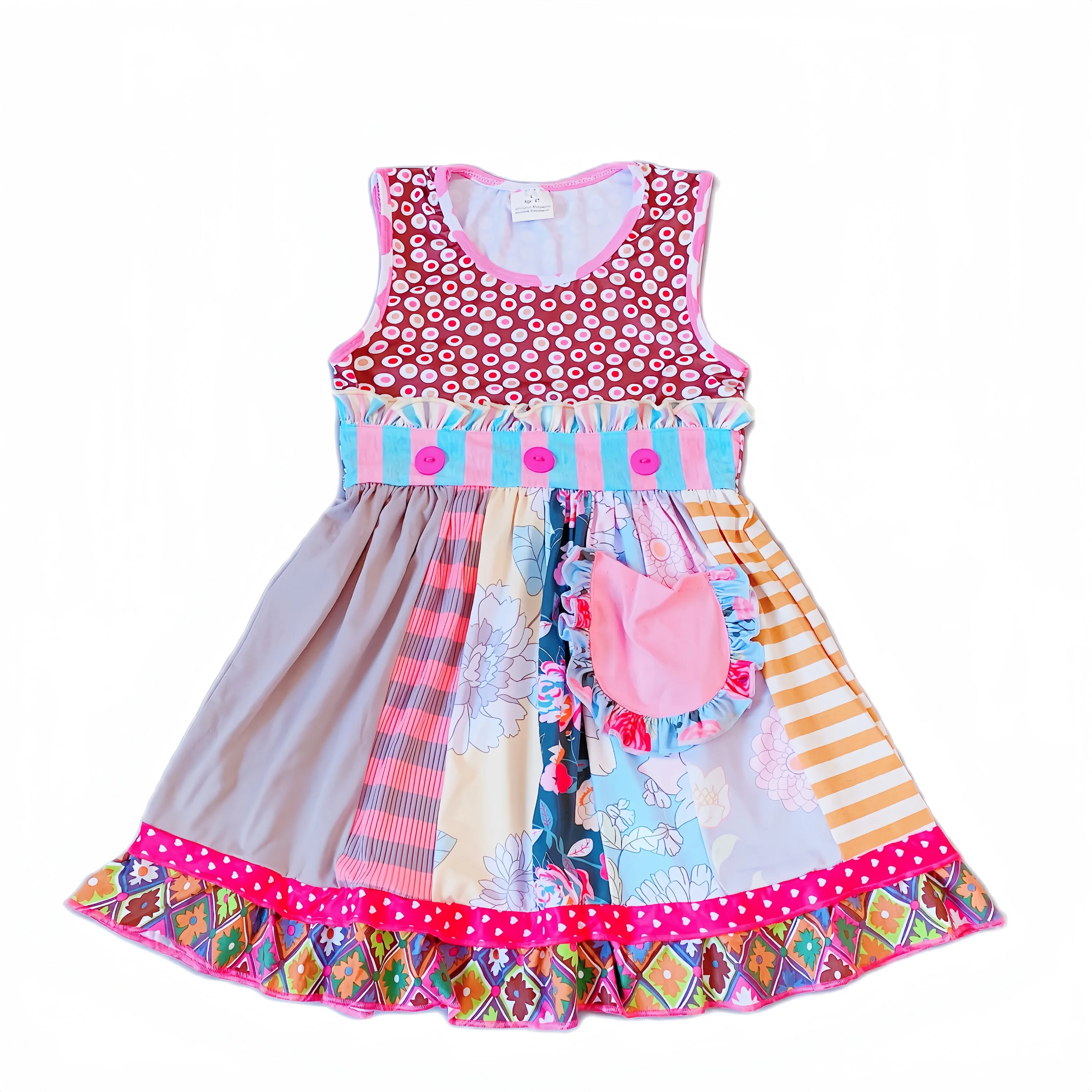 Novo design de verão crianças algodão rosa polka dot floral padrão vestido de renda vestido redemoinho escuro com cintura