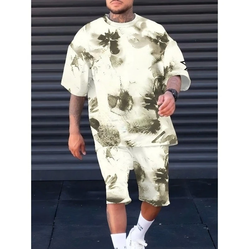 2025 Summer New Men's Sportswear 3D Printed Casual Daily Sports Round Neck Polyester Fiber Short Sleeve Shorts Two Piece Set