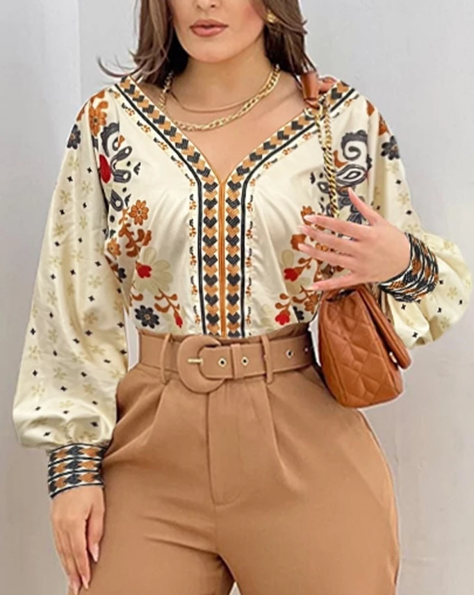 Women's Fashion Two Piece Set 2024 Spring/Summer New V-neck Flower Tribe Printed Lantern Sleeves Top and Elegant Pants Set