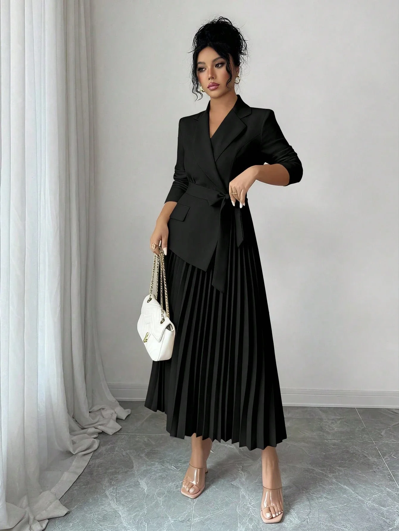 Women's Black Blazer Pleated Midi Dress With Belt Casual Office Wear