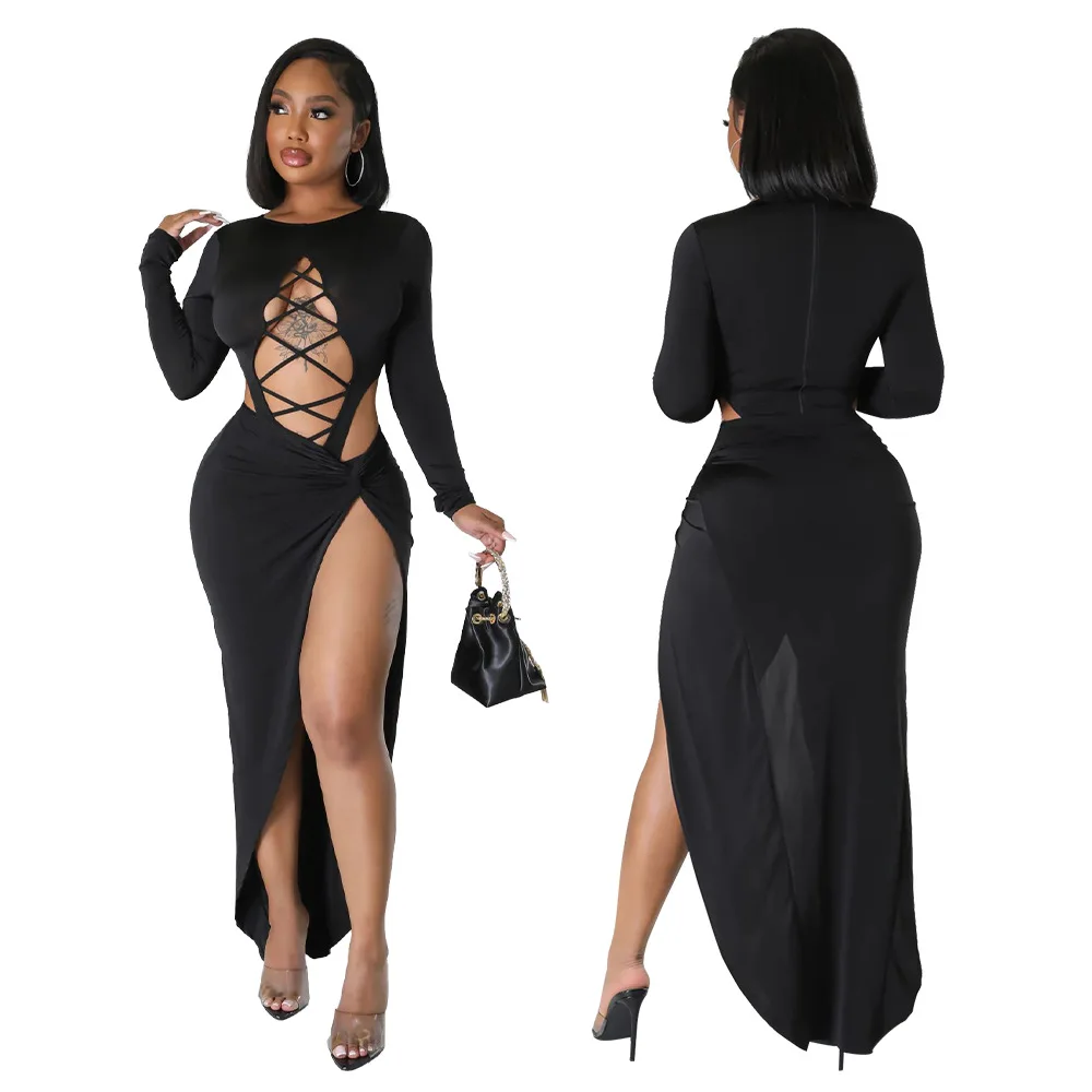 Women's Beach Tunic Luxury Clothes Bikini Cover Up Bathing Suit Outlet Cape Black New Long Sleeved Sexy Hollow Out Navel Slit