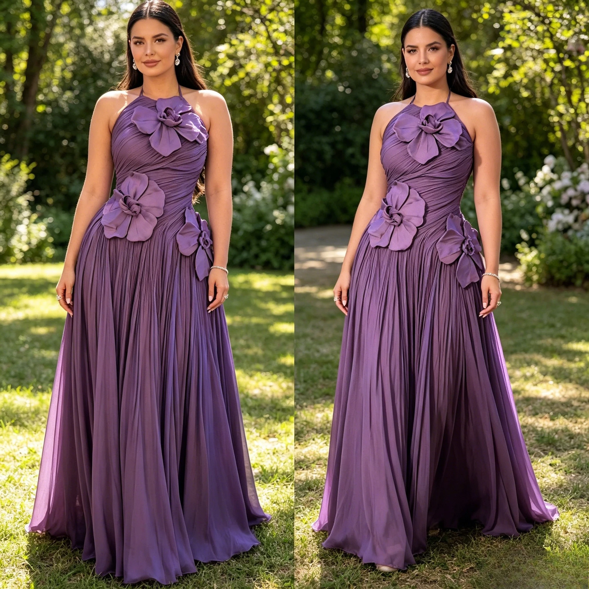 Customized Elegant Evening Gown Featuring a Halter Neckline, Ruched Bodice Appliqués, and a Flowing Pleated Floor-Length Skirt