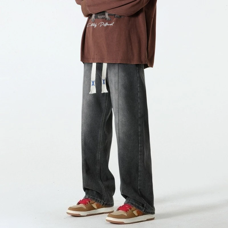 

Американские винтажные новые модные мужские повседневные модные свободные широкие брюки прямые однотонные джинсовые брюки на шнурке мужские джинсовые брюки