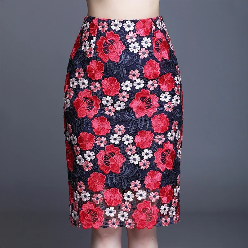 Women Vintage Flower Embroidery Midi Skirt Bodycon Bag Hip Skirt Slim Midi Sexy Elegant Pencil Bandage Hip Wrap Short Falda