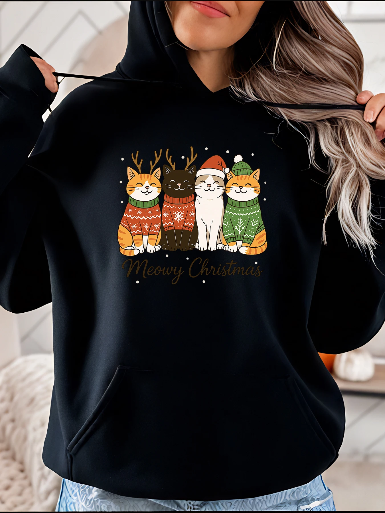 

Рождественская толстовка с капюшоном Cats Meowy, праздничный свитер с рождественским принтом, женский повседневный зимний наряд для праздничного сезона