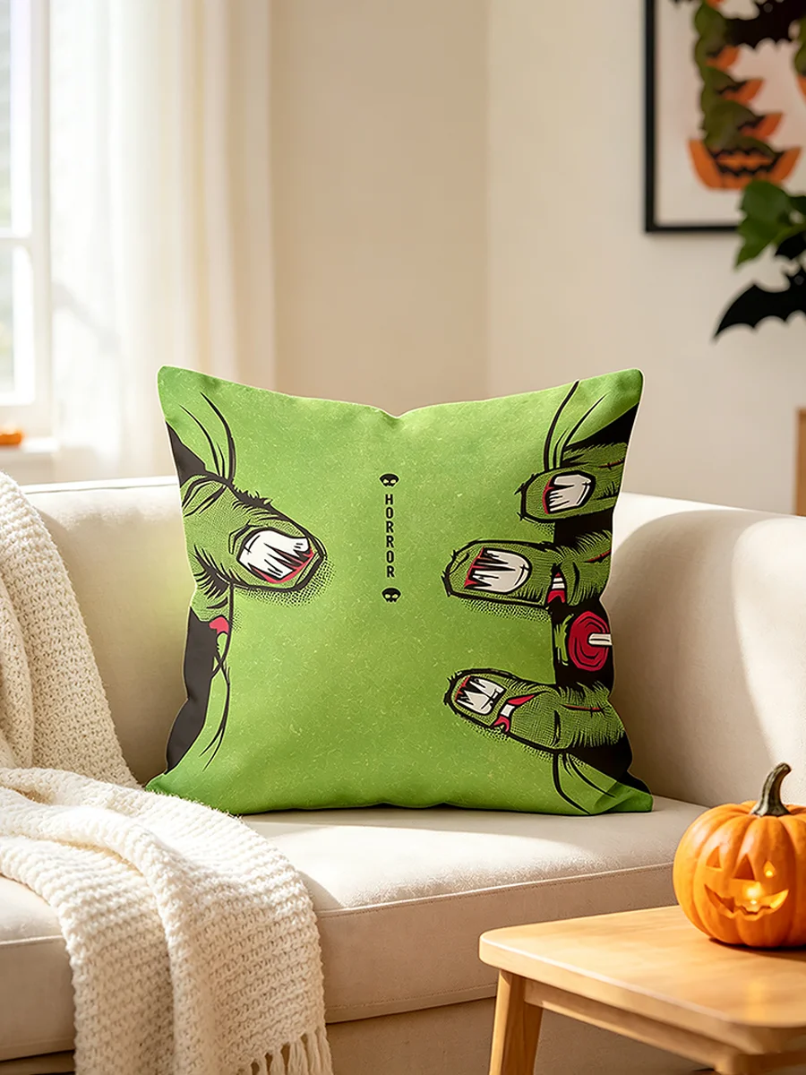 1PCS Digital Print Pillow Covers, Cushion Covers, Green Zombie Monster Hands Tearing Horror Design Spooky Halloween Home Decor