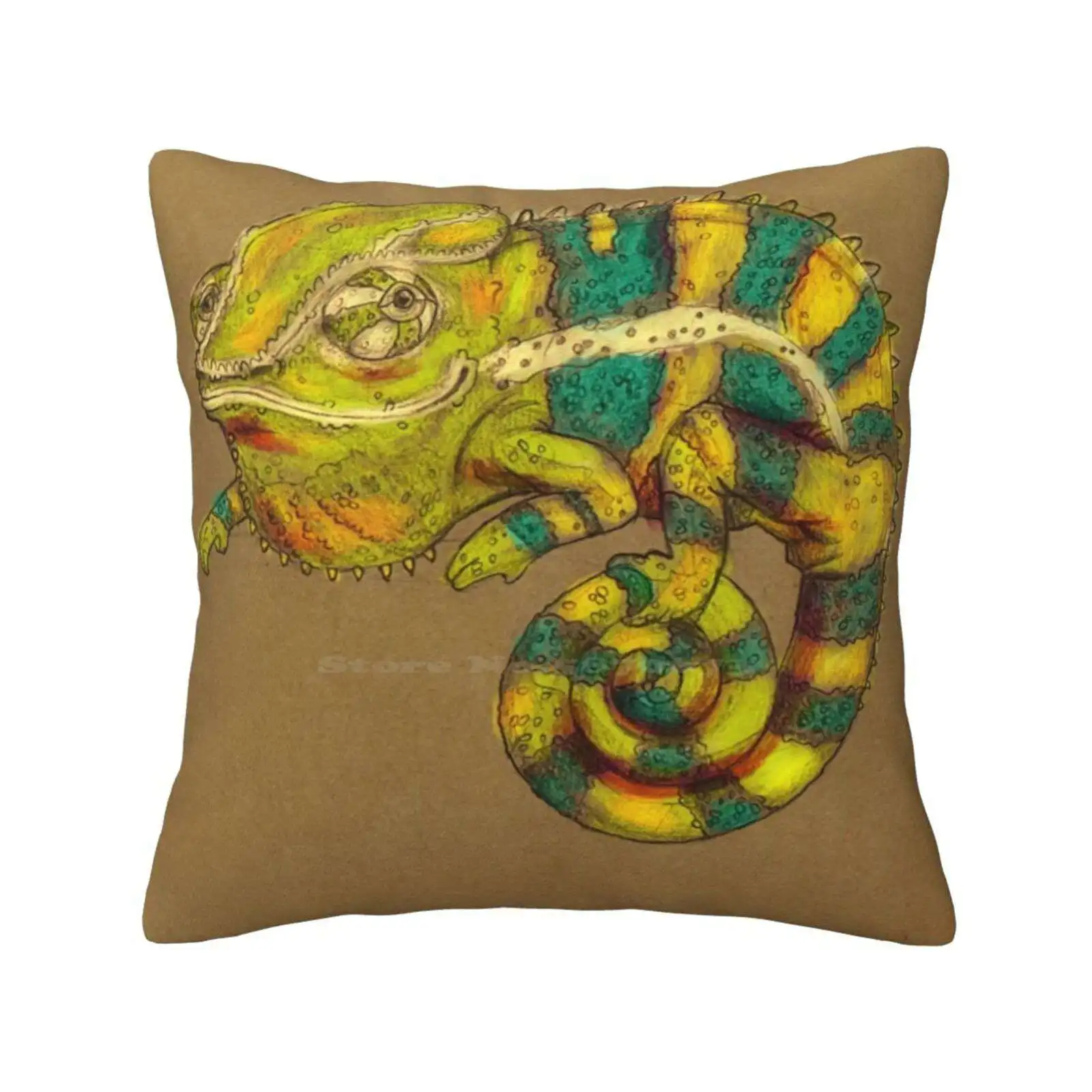 Panther Chameleon Throw Cushion Pillow Cover Panther Chameleon Animal Green Yellow Brown Pencil Texture Jenji